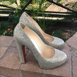 silver sparkly red bottom heels